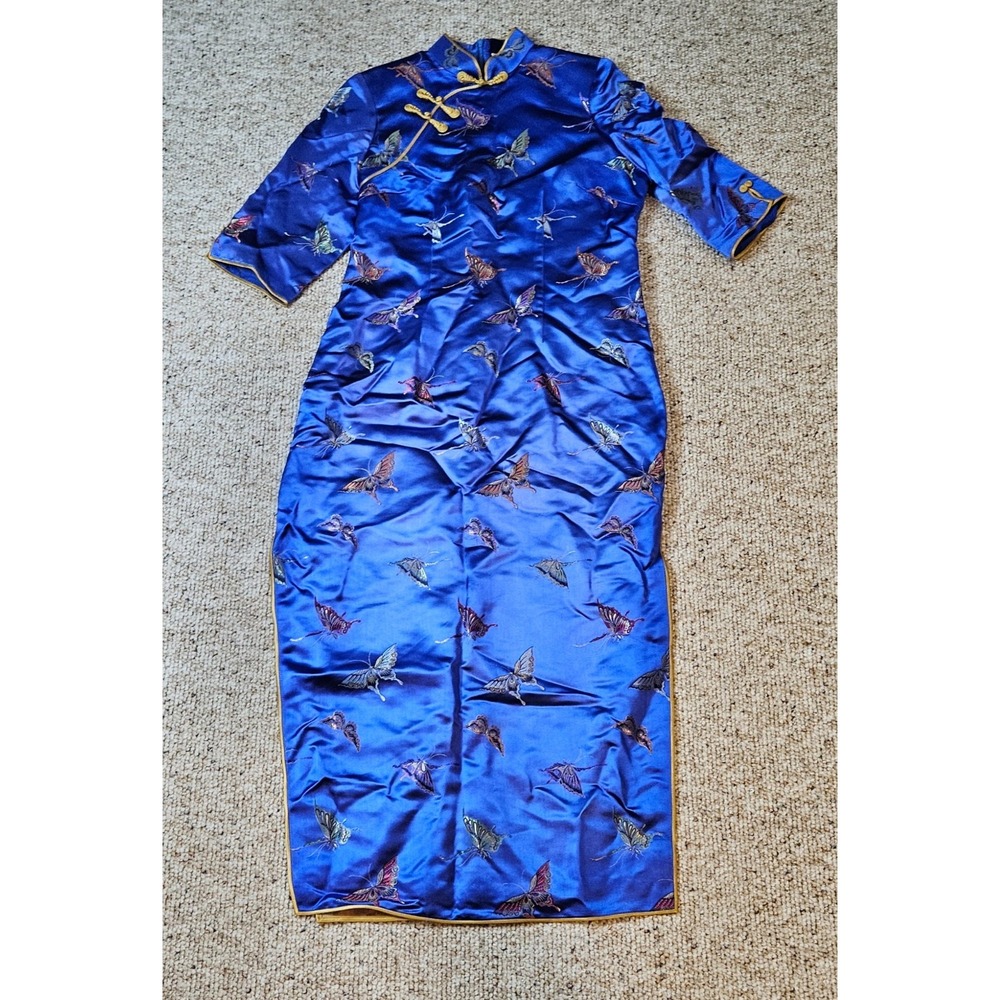 Blue Satin Butterfly Embroidered Cheongsam Qipao Maxi Dress Mandarin Collar - Picture 2 of 16